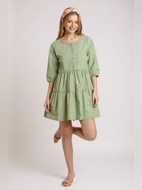 Sage Green Half Button 3/4 Sleeve Tiered Shirt Dress